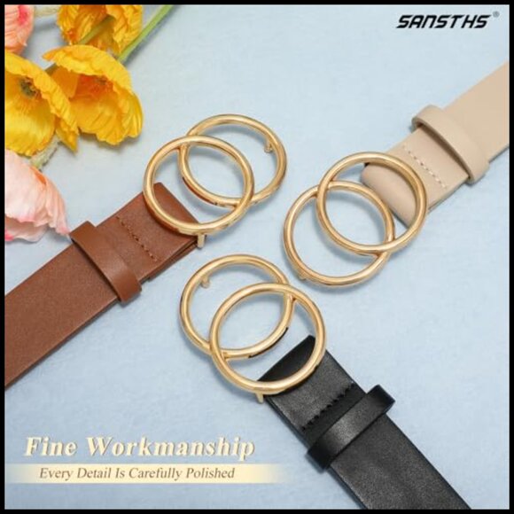 Faux Leather Double O-Ring Gold Buckle Belt for Jeans and Dresses main image 6